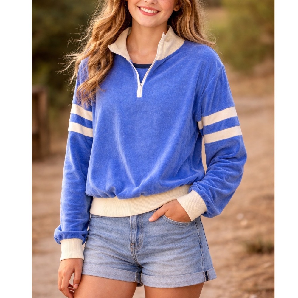 Vintage Kids Blue Velour Quarter Zip Pullover Sweater Striped Sleeve Retro 16